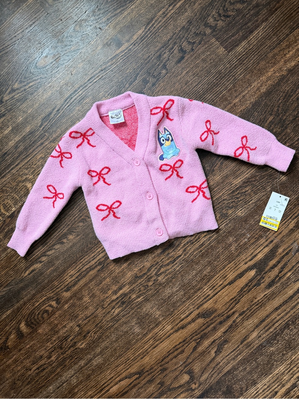 Disney’s Bluey Girls' Plush Pink Bow-Print Cardigan with Bluey Patch